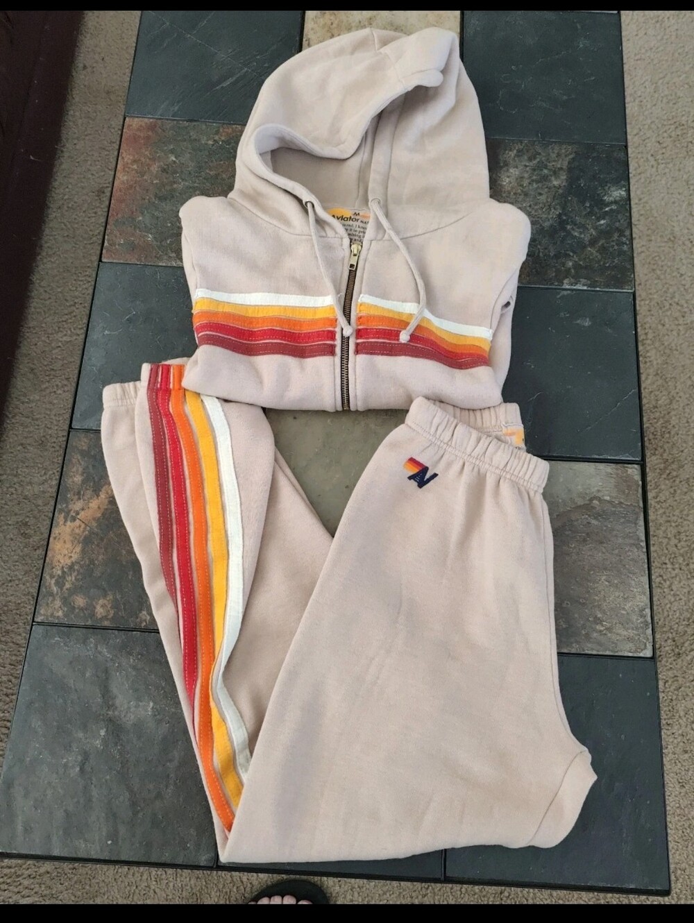Aviator Nation Beige Track Jogger Set with Red Orange Yellow Stripes